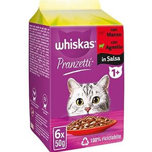 Whiskas Lunch gemengd vlees vanaf 1 jaar volwassenen, natvoer voor katten, 12 verpakkingen à 50 g, in totaal 72 stuks