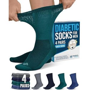 Doctor's Select Diabetische sokken voor heren, 4 paar diabetische enkelsokken voor heren, niet-bindende neuropathiesokken voor heren, Crew Hoogte - Navy, Groen, Blauw, Grijs, Large