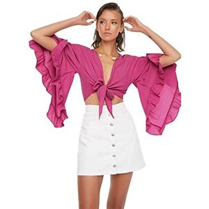 Trendyol Dames Basic getailleerde bodycone V-hals geweven blouse, Fuchsia, 66