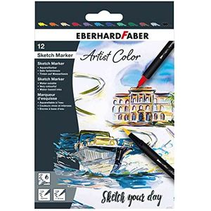 Eberhard Faber 558212 - Artist colour sketch marker set met 12 kleuren, fiber-tip markers met dubbele punt, in kartonnen etui, voor tekenen, schetsen en illustreren