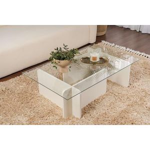 Hanah Home Stijlvolle koffietafel, 105 cm x 30 cm x 65 cm, top van 100% gehard glas, 100% melamine gecoat deeltjesbord, elegante witte afwerking voor moderne woonruimtes