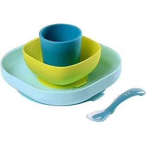 Béaba Serviesset van siliconen, voor babyvoeding, met zuignap, antislip, 4-delig, bord + kom + glas + lepel, gezonde en duurzame siliconen, vaatwasmachinebestendig, magnetronbestendig, Blauw/Neon