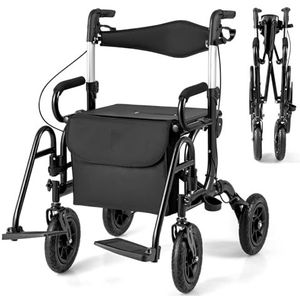 FANTASK 2-in-1 rolstoel & reisrollator, rollator van aluminium met opvouwbaar design, zwarte reisrollator met hoogteverstelsysteem, rolstoel met tas en stokhouder