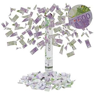 Relaxdays confetti kanon geld, 6-8 m effecthoogte, carnaval, verjaardag, speelgeld, party popper 40 cm, paars/groen