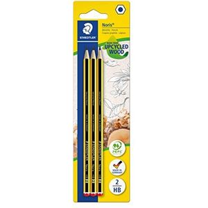 STAEDTLER Potlood Noris 120, Made van Upcycled Wood, hardheid HB, antislip soft-oppervlak, hoge boekenbestendigheid, hoge kwaliteit, Made in Germany, blisterkaart met 3 stuks, 120-2BK3DA