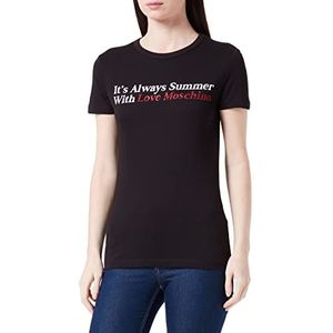 Love Moschino Dames Slim Fit Short-Sleeved with Summer Slogan Water Print en Glitter Details T-Shirt, Zwart, 44