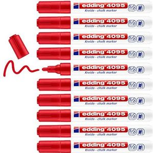 edding 4095 Vloeibare krijtmarkers, rood, 10 vloeibare krijtstiften, ronde punt 2-3 mm, uitwisbare krijtstift voor het beschrijven van glazen ruiten, glas- en krijtstift in ondoorzichtige kleuren