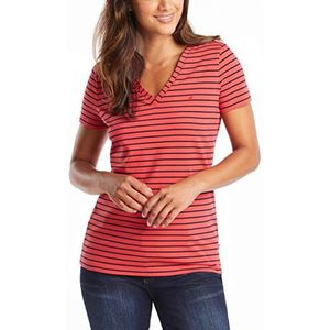 Nautica Dames Easy Comfort V-hals Gestreept Supersoft Stretch Katoen T-shirt - rood - XL