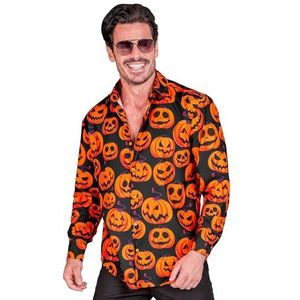 Widmann - Pompoenhemd voor heren, zwart met pompoengezichten, licht op onder uv-licht, Halloween-verkleedkleding