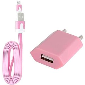 Noodle-kabel, 1 m, oplader en stekker, voor Xiaomi Redmi Note 6 Pro, smartphone, micro-USB, wandmontage, universeel, Android (roze)