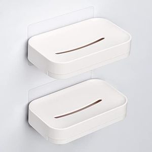 YOHOM 2PCS zelfklevende zeepschaal met afvoerbak witte douche bar zeep houder muur gemonteerd badkamer hangende zeepbak houder voor bad plastic
