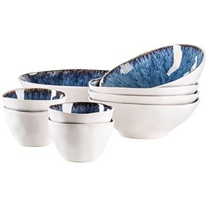 MÄSER Serie Frozen 9-delige bowl-set van mooi keramiek, 1 slakom, 4 ramen kommen en 4 dipschaaltjes, organische vormen in vintage look, met de hand gelazuurd, aardewerk, blauw, 26