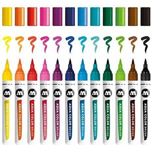 Molotow Aqua Color Brush (brush pen marker basicsset 1, penseelpunt voor aquarellen en handbelettering) 12 stuks gesorteerd