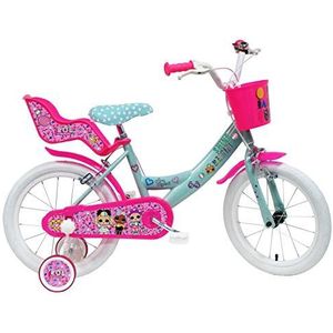 LOL meisjesfiets 16 inch (40,6 cm), met 2 remmen, fietsmandje voor, poppenzitje, spatborden en zijwieltjes, turquoise/fuchsia/wit