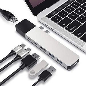 Hyper Drive USB C Hub, Dual Type C Hub Adapter voor MacBook Pro 2020 2019, Multi-Port Thunderbolt USB-C Dongle w Gigabit Ethernet, 40Gb/s C-USB 100W, 5Gb/s Type-C w 60W PD, 4K HDMI