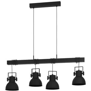 EGLO Hanglamp Shirebrook, 4-lamps pendellamp eettafel, lamp hangend in industrieel design voor woonkamer en eetkamer, FSC100PA, eettafellamp van zwart metaal en hout, E27 fitting