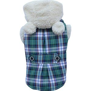 Doggy Dolly W153 Hondenjas met capuchon van imitatiebont, groen geruit, outdoor winterjas/winterjas, maat: M