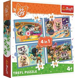 Trefl - 44 Cats, De Katachtige Bende - Puzzel 4in1, 4 puzzels, 35 tot 70 Elementen - Puzzels met Sprookjesfiguren 44 Katten, Entertainment, Kleurrijke Puzzels voor Kinderen vanaf 4 jaar