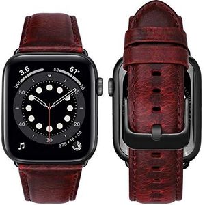MroTech Horlogebandje van leer, compatibel met Apple Watch 45 mm, 44 mm en 42 mm, vervangende polsband voor iWatch serie SE/Serie 6/5/4/3/2/1, echt leren horlogeband met zwarte gesp, klassiek donkerrood