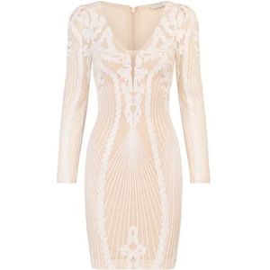 Apart etui-jurk van hoogwaardig polyester materiaal met ruguitsnijding, crème, 38