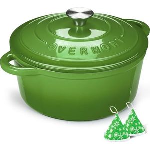 Overmont Braadpan van emaille gietijzer, stoofpan, 24 cm, geschikt voor de oven, met deksel en kookboek, voor keuken, bakken, smoren, braden, groen