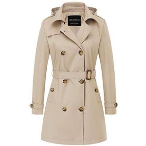 CREATMO US Trenchcoat voor dames met dubbele rij knopen, klassieke revers, overjas met riem en slanke bovenkleding met afneembare capuchon, Kaki, 5XL