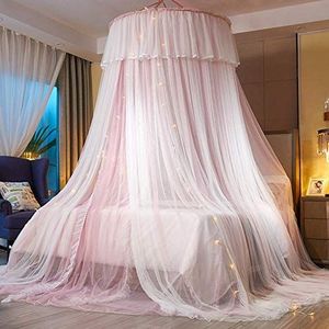 VARWANEO Prinses Bed Luifel voor Meisjes, Bed Luifel Gordijn - Dubbellaags Doorschijnend Mesh Koepel Bed Gordijn - Prinses Klamboe voor Twin Full Queen King Bed (Roze/Wit)
