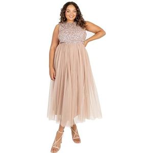 Maya Deluxe Vrouwen Midaxi Jurk Dames Mouwloze Pailletten Hoge Empire Taille Tule Versierd voor Bruiloft Gast Bal Bruidsmeisje, Taupe Blush, 38