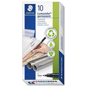 STAEDTLER Permanente universele pen Lumocolor, navulbaar, veeg- en waterbestendig, in enkele seconden droog, DRY SAFE, F-punt lijnbreedte ca. 0,6 mm, hoge kwaliteit, set met 10 markeringen, 318 B10