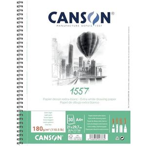 CANSON 1557, tekenpapier, wit, lichte korrel, 180 g/m², 31 x 29,7 cm, spiraalalbum, grote pagina, A4-21 x 29,7 cm, extra wit, 30 vellen