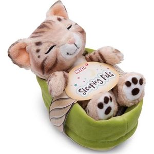 Knuffelkat Bengaal 12 cm slapend in een lichtgroen mandje - Duurzaam zacht speelgoed gemaakt van zachte pluche, schattig zacht speelgoed om mee te knuffelen en te spelen, voor kinderen en volwassenen