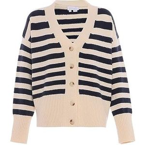 Blonda Dames enkele rij gestreepte gebreide cardigan met V-hals acryl wolwit marine maat XL/XXL, wolwit marine, XL