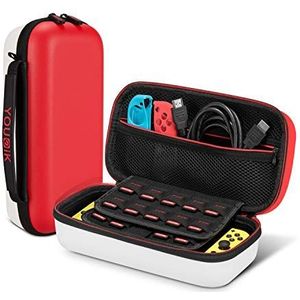 Case compatibel voor NS Switch/Switch OLED - Younik Upgrade-versie Harde draagtas met grotere opslagruimte voor 19 spelcartridges en andere accessoires - Rood en wit
