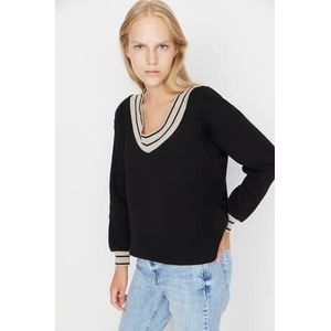 Trendyol Dames V-hals Gestreepte Regular Sweater, Zwart, L, Zwart, L
