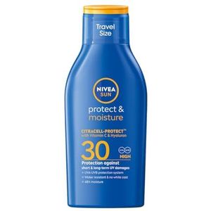 NIVEA Sun Protect & Care Zonnemelk SPF 30 reisformaat (100 ml), zonnecrème voor 48 uur vocht, onmiddellijke zonwering met zeer effectief UVA/UVB-filtersysteem