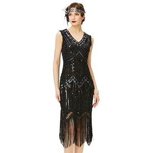 BABEYOND Flapperjurk voor dames, jaren '20 met V-hals, met kralen en franjes, Great Gatsby-jurk, Glam Zwart, 3XL