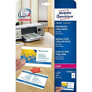 AVERY Zweckform Premium visitekaartjes, blanco (85x54 mm, aan beide zijden bedrukbaar, gesatineerd ultrawit, absoluut gladde randen) om zelf te bedrukken op laserprinters 220 g. 100 Karten wit