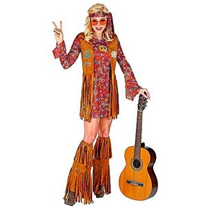 Widmann - Kostuum hippie, jurk, vest, hoofdband, laarsovertrek met franjes, flower-power, bloemenmeisje, themafeest, carnaval