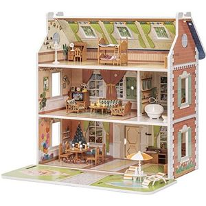 ROBUD Poppenhuis, houten poppenhuis voor kinderen, meisjes, rollenspeelgoed, cadeau voor meisjes en jongens van 3 tot 6 jaar