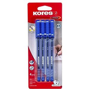 Kores - K1: blauwe balpennen, 1 mm medium point biro met veegbestendige inkt voor glad schrijven, driehoekige ergonomische vorm, school- en kantoorbenodigdheden, verpakking van 4 stuks