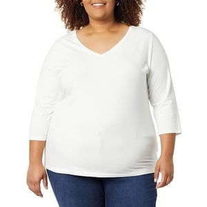 Amazon Essentials Women's T-shirt met driekwartmouwen en V-hals in klassieke pasvorm (verkrijgbaar in grote maten), Wit, XXL