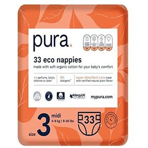 Pura Premium Eco-babyluiers Maat 3 (Midi 4-9 kg / 9-20 lbs) 1 pak van 33 luiers, EU Ecolabel gecertificeerd, gemaakt van biologisch katoen, tot 12 uur lekbescherming