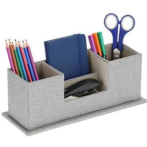 Relaxdays pennenbak bureau, 4 vakken, kunststof, look van linnen, voor kantoor & thuis, HBD: 11 x 29,5 x 11 cm, grijs