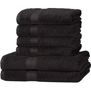 Amazon Basics Handhanddoek, kleurecht, 6 stuks, 2 badhanddoeken en 4 handdoeken, 100 procent katoen, 500 g/m², zwart