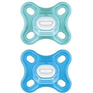MAM Comfort fopspeen in set van 2, 100% siliconen, ideaal voor pasgeborenen, met fopspeenkas, 0-2 maanden, lichtblauw en blauw