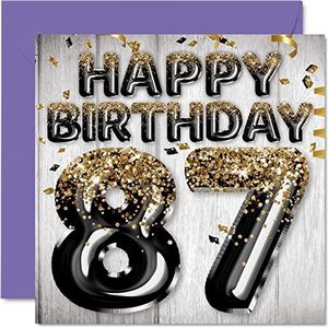 87e verjaardagskaart voor mannen - zwarte en gouden glitterballonnen - gelukkige verjaardagskaarten voor 87-jarige man vader overgrootvader opa oma, 145 mm x 145 mm zevenentachtig zevenentachtig