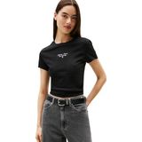 TOMMY JEANS Dames TJW Slim ESS Logo 1 TEE EXT DW0DW21542, Zwart, XXS, Zwart (zwart), XXS