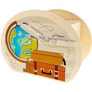 Hess houten speelgoed 15205 - spaarpot van hout met sleutels, reizen en vliegtuig, cadeau voor verjaardag of bruiloft, ca. 11,5 x 8,5 x 6,5 cm