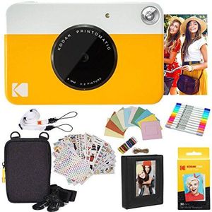 KODAK Printomatic Instant Camera (geel) geschenkbundel + Zink Papier (20 vellen) + Deluxe Case + 7 leuke stickersets + Twin Tip Markers + fotoalbum + hangende lijsten.