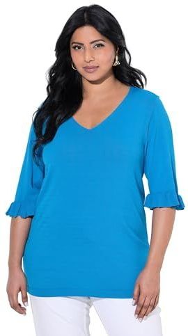 Ulla Popken - Trui - Azuur - V-hals - Halve Mouw